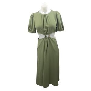 Zara Green Short Puff Sleeve Cutout Waist Crew Neck Maxi A Line Dress Size XS
